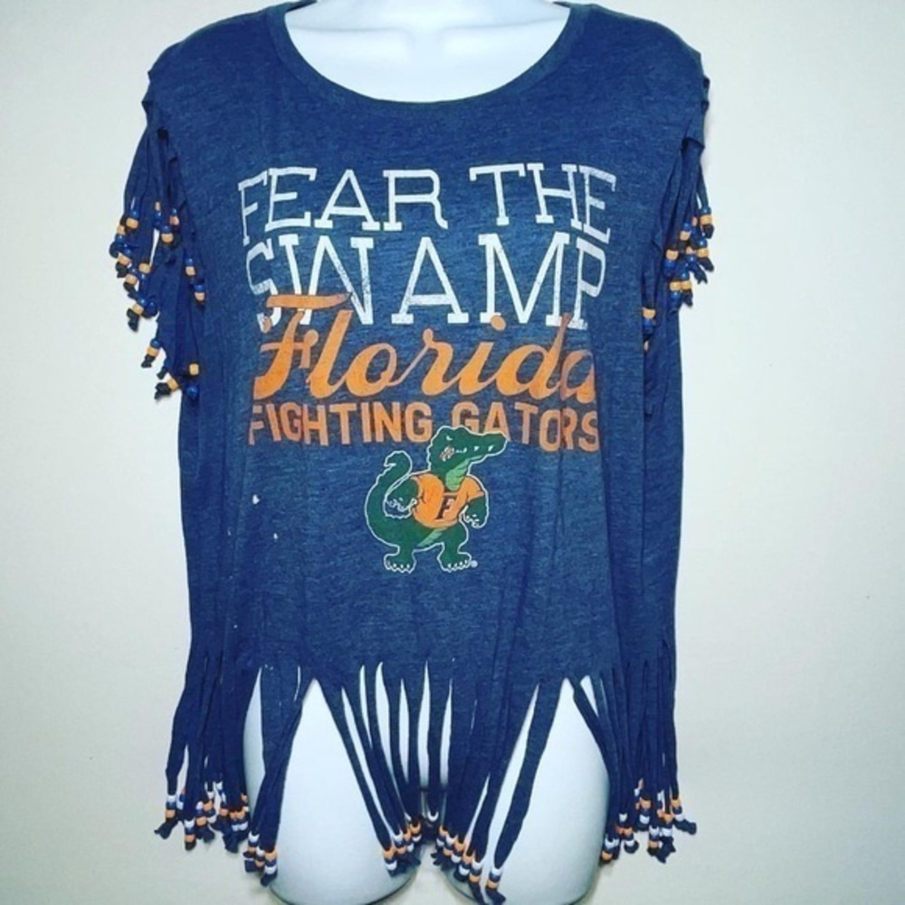 Univ of Florida Gator Swamp UF Upcycle Secondhand Hand Cut Bead Fringe Tee Shirt